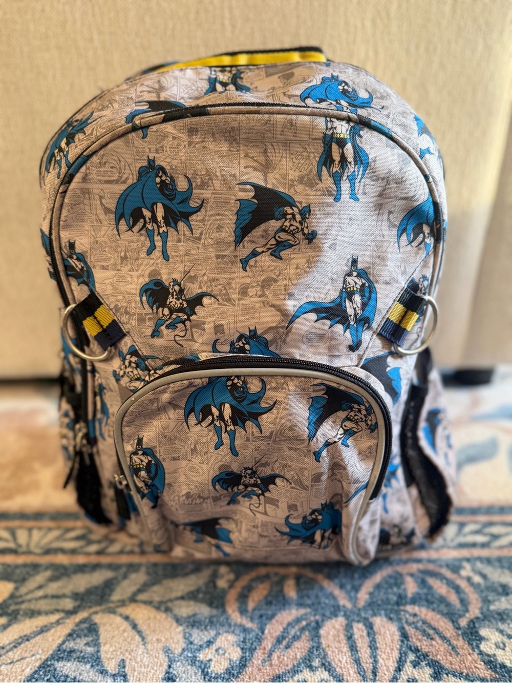 Pottery Barn Kids Batman backpack featuring an all-over vintage comic book print